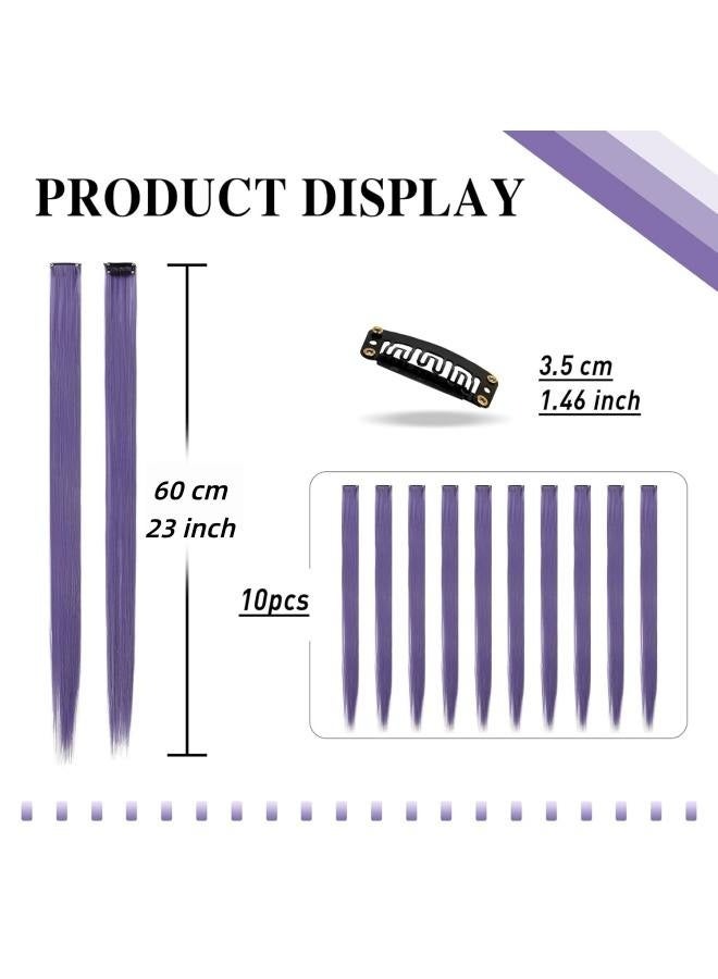 10 pcs 23-inch (approx. 60 cm) Purple hair extensions, colorful party highlight clip-on long straight hair extensions, colored synthetic hair extensions, suitable for ladies and girls, role-playing styling gifts - Image 2