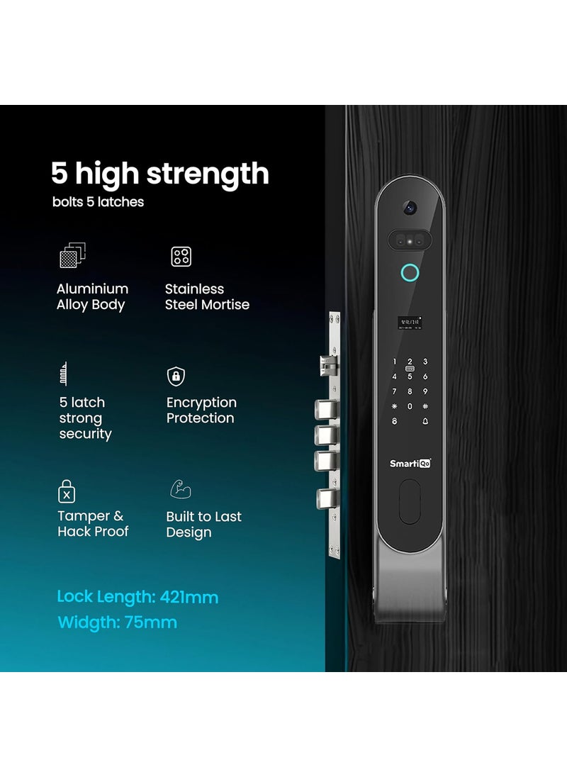 SmartiQo - SmartiQo L6 Smart Door Lock with Camera 6Way Unlocking 5 Bolts Fingerprint Remote Unlocking via OTP PIN 3D Face Unlock Access Card Mobile App 2 Years Brand Warranty Black - Image 1