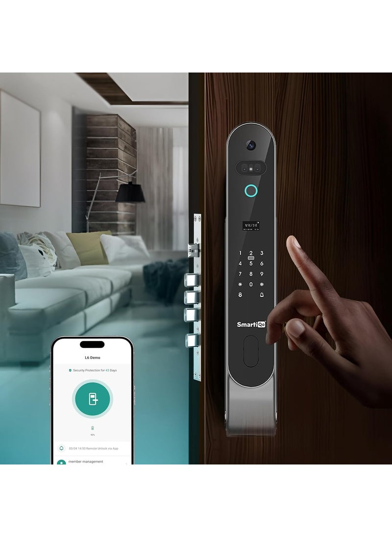 SmartiQo - SmartiQo L6 Smart Door Lock with Camera 6Way Unlocking 5 Bolts Fingerprint Remote Unlocking via OTP PIN 3D Face Unlock Access Card Mobile App 2 Years Brand Warranty Black - Image 1