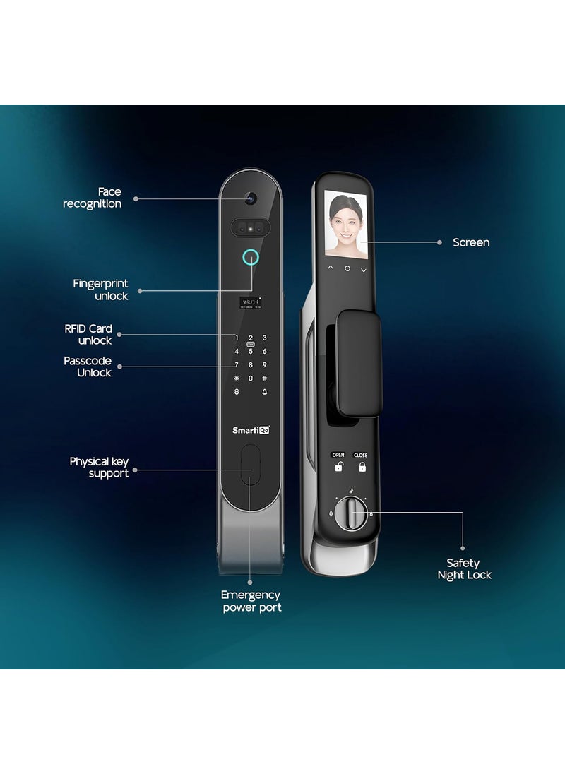 SmartiQo - SmartiQo L6 Smart Door Lock with Camera 6Way Unlocking 5 Bolts Fingerprint Remote Unlocking via OTP PIN 3D Face Unlock Access Card Mobile App 2 Years Brand Warranty Black - Image 1
