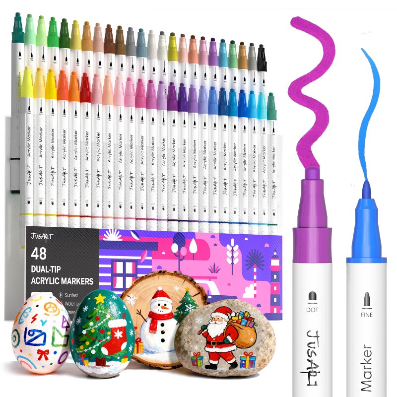 JusArt 48 Colors Acrylic Paint Markers Dual Tip Coloring Markers with Dot and Fine Tip for Rock Fabric Wood Glass Ceramic Canvas Vibrant Art Supplies for Adult - Image 2