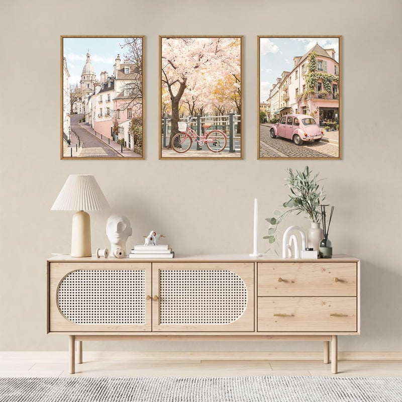 Ausril Italy Pink Cityscape Framed Canvas Wall Art Set, Romantic Flower Street Wall Decor, Vintage Travel City Wall Painting, Italian Pink Bike Art Prints for Living Room, Bedroom, Office - 24"X36"X3 - Image 5