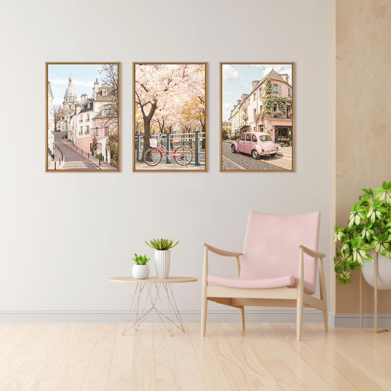 Ausril Italy Pink Cityscape Framed Canvas Wall Art Set, Romantic Flower Street Wall Decor, Vintage Travel City Wall Painting, Italian Pink Bike Art Prints for Living Room, Bedroom, Office - 24"X36"X3 - Image 4