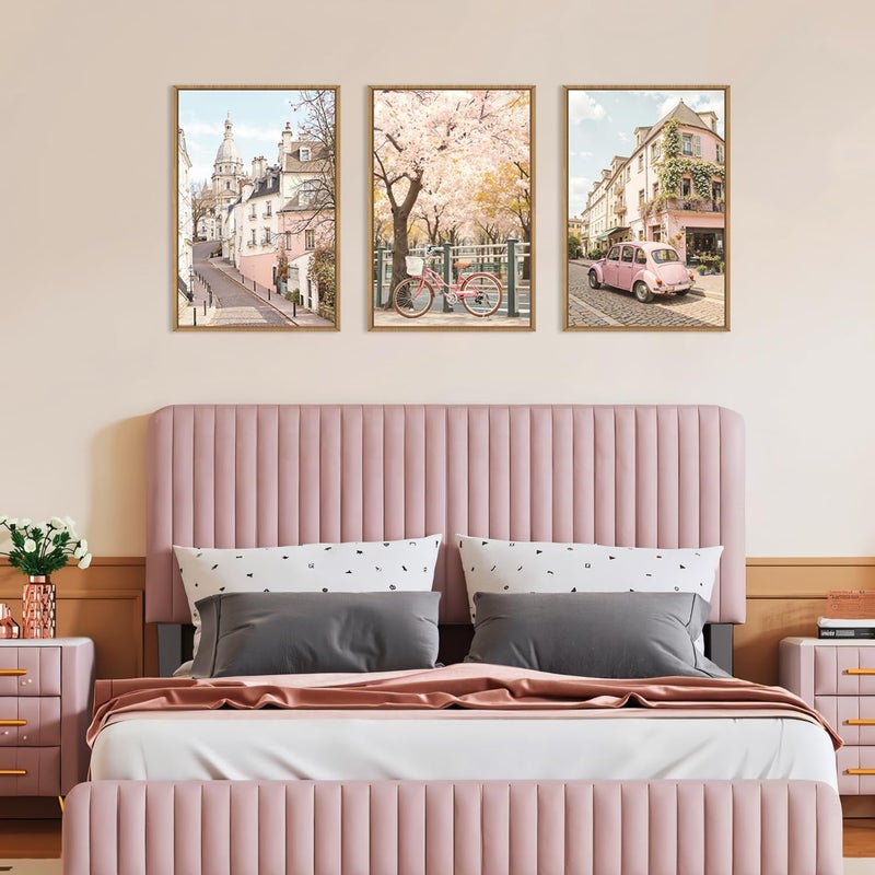 Ausril Italy Pink Cityscape Framed Canvas Wall Art Set, Romantic Flower Street Wall Decor, Vintage Travel City Wall Painting, Italian Pink Bike Art Prints for Living Room, Bedroom, Office - 24"X36"X3 - Image 2