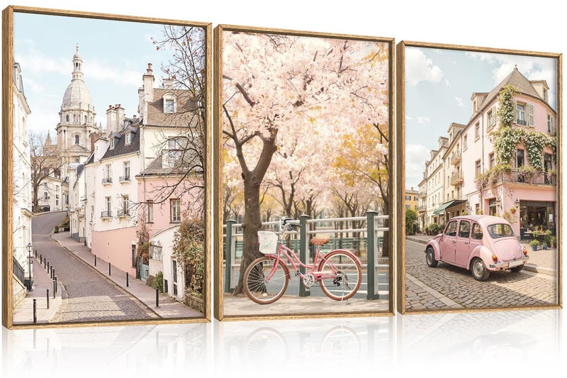 Ausril Italy Pink Cityscape Framed Canvas Wall Art Set, Romantic Flower Street Wall Decor, Vintage Travel City Wall Painting, Italian Pink Bike Art Prints for Living Room, Bedroom, Office - 24"X36"X3 - Image 1