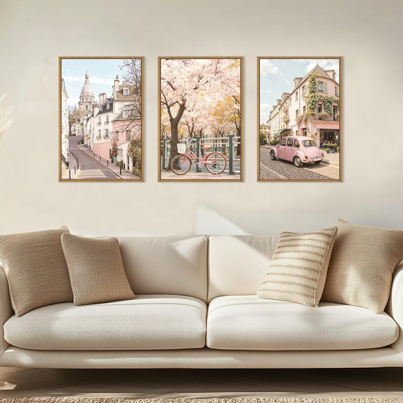 Ausril Italy Pink Cityscape Framed Canvas Wall Art Set, Romantic Flower Street Wall Decor, Vintage Travel City Wall Painting, Italian Pink Bike Art Prints for Living Room, Bedroom, Office - 24"X36"X3 - Image 3