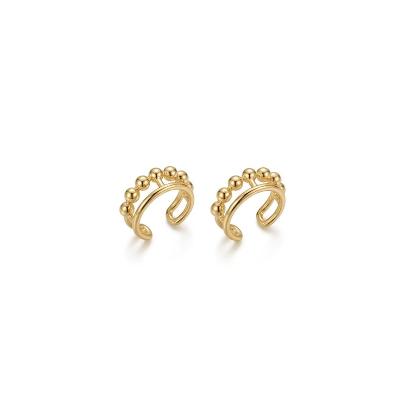 These distinctive gold earrings feature a row of prominent beads for an elegant and unique look. They require no piercing for easy wear and all-day comfort. - Image 1