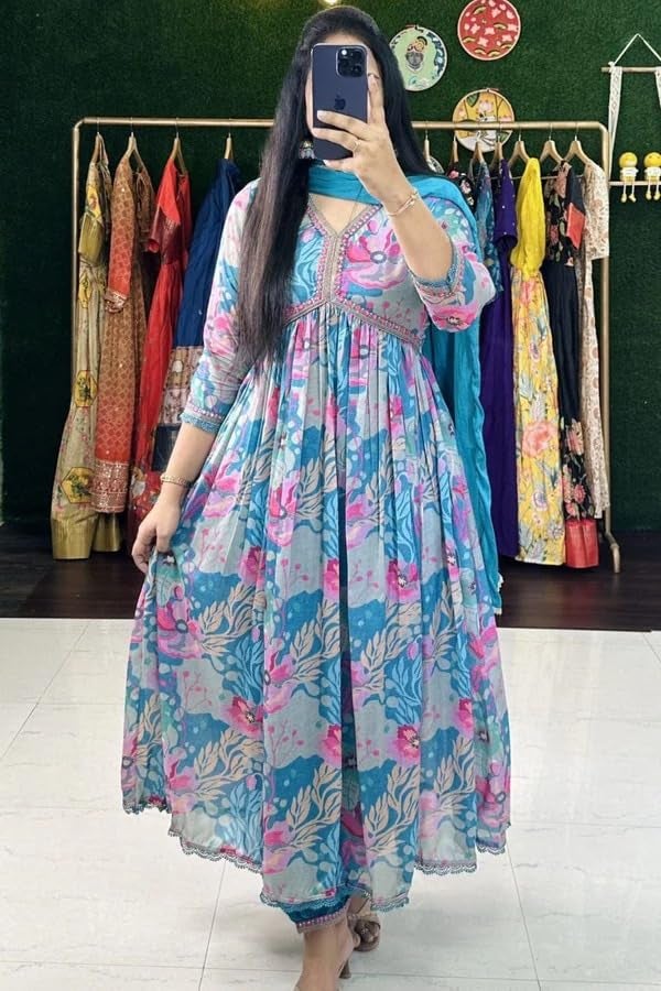 KD Women's Anarkali Floral Printed Kurta Pant Set with Dupatta Anarkali Kurta kurti for Women (Small, BLUE) - Image 3
