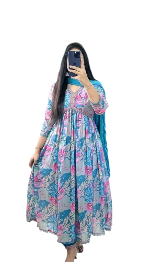 KD Women's Anarkali Floral Printed Kurta Pant Set with Dupatta Anarkali Kurta kurti for Women (Small, BLUE) - Image 5