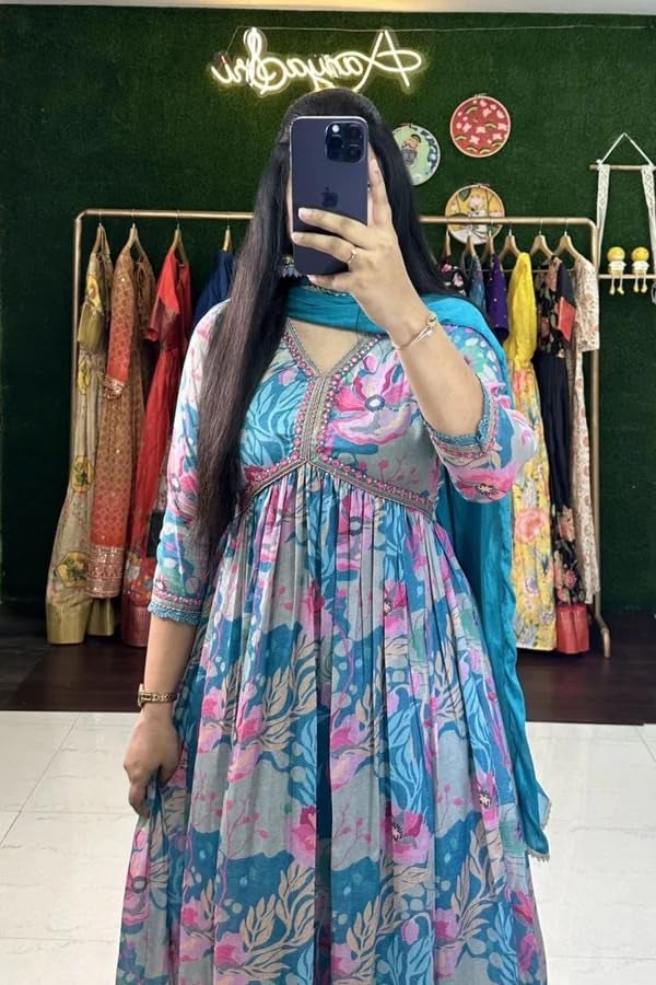 KD Women's Anarkali Floral Printed Kurta Pant Set with Dupatta Anarkali Kurta kurti for Women (Small, BLUE) - Image 4