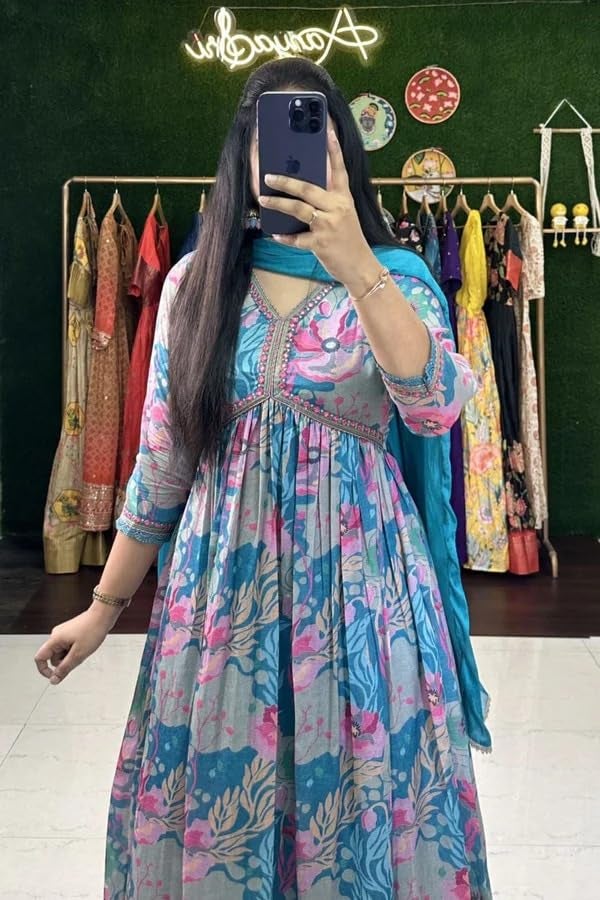 KD Women's Anarkali Floral Printed Kurta Pant Set with Dupatta Anarkali Kurta kurti for Women (Small, BLUE) - Image 2