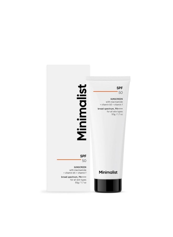 MINIMALIST واقي من الشمس بعامل حماية من الشمس SPF 50 خفيف الوزن مع فيتامينات متعددة لا يحتوي على صب أبيض واسع الطيف Pa ++++ آمن لحب الشباب للنساء والرجال 50 جم  - Image 1