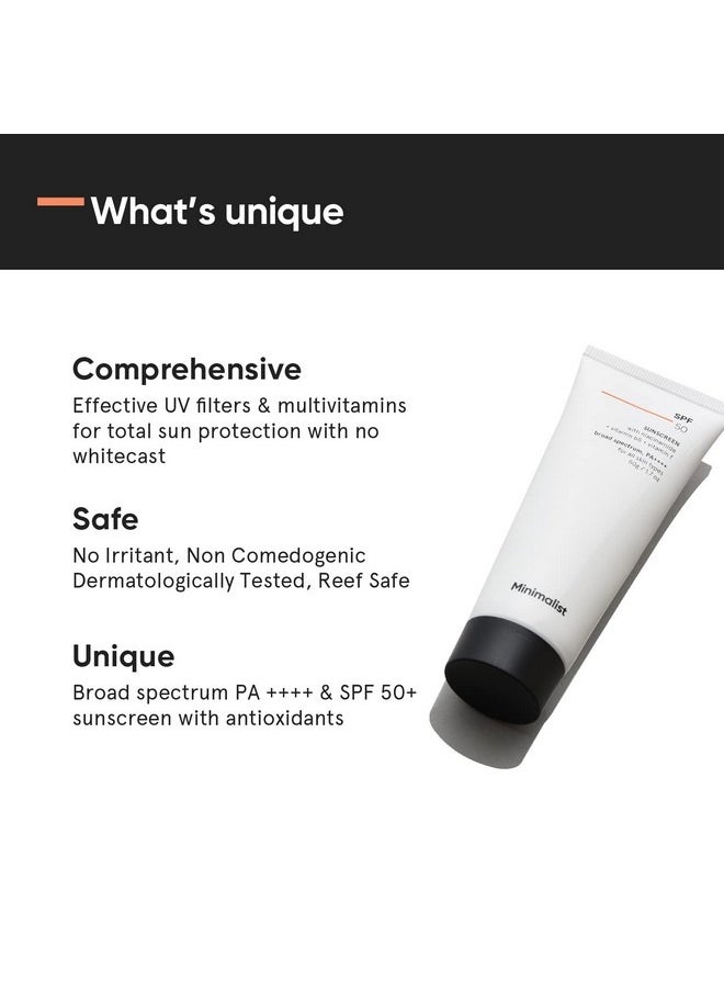 MINIMALIST واقي من الشمس بعامل حماية من الشمس SPF 50 خفيف الوزن مع فيتامينات متعددة لا يحتوي على صب أبيض واسع الطيف Pa ++++ آمن لحب الشباب للنساء والرجال 50 جم  - Image 4
