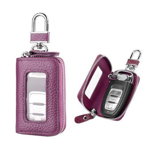 Gasedin Car Key Fob Case Smart Key Fob Cover with Metal Hook Transparent Window Remote Key Fob Case Holder Keyring Zipper Bag Purple - Image 1