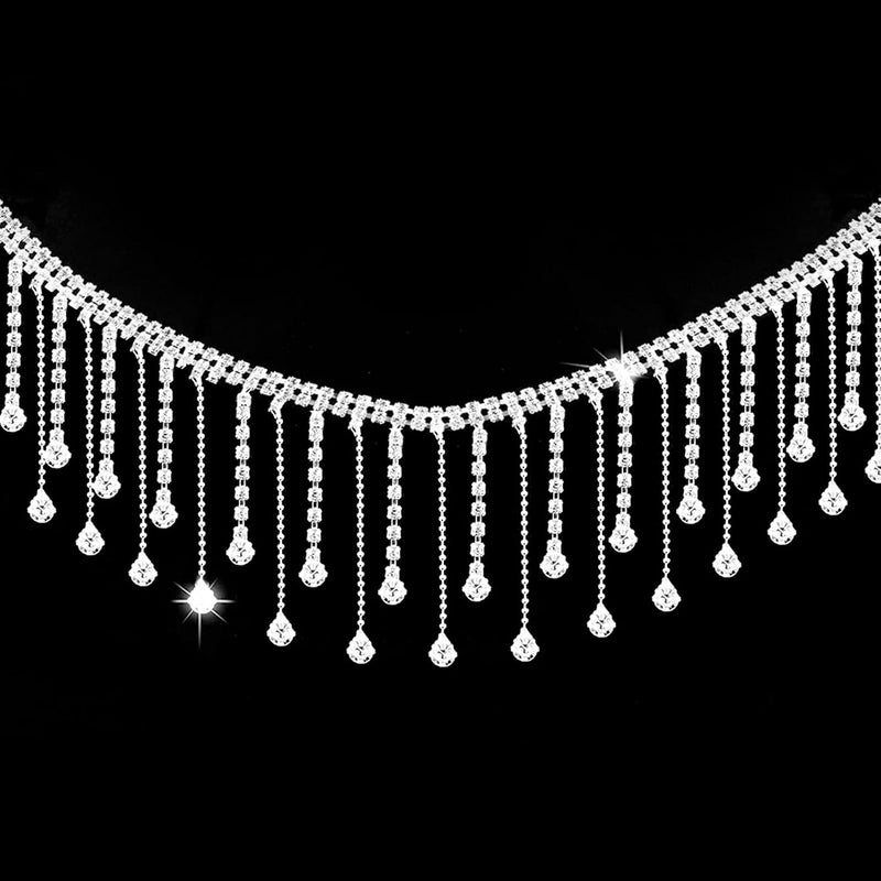 MADHOLLY Rhinestone Ribbon Tassel Chain Irregular Style Rhinestones Fringe Trim Diamond Crystal Long Tassel Trim for Wedding Party Necklace DIY Clothing Accessories Vase DecorationSilver 1 Yard  - Image 1