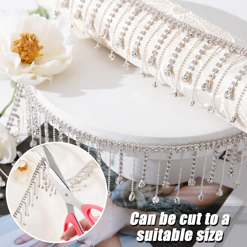 MADHOLLY Rhinestone Ribbon Tassel Chain Irregular Style Rhinestones Fringe Trim Diamond Crystal Long Tassel Trim for Wedding Party Necklace DIY Clothing Accessories Vase DecorationSilver 1 Yard  - Image 4