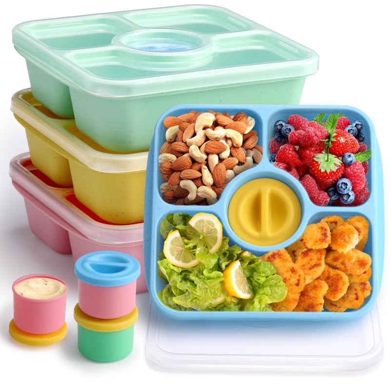 QQKO Bento Snack Box Containers for Adults Kids, 4 Pack Lunchable Meal Prep Containers Reusable, Stackable Bento Lunch Box, Food Storage Prep Containers with Lids and 4 Sauce Cups, Pastel Color, Clear Lid - Image 1