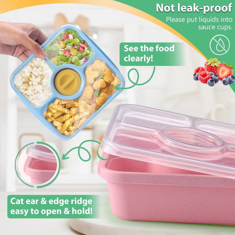 QQKO Bento Snack Box Containers for Adults Kids, 4 Pack Lunchable Meal Prep Containers Reusable, Stackable Bento Lunch Box, Food Storage Prep Containers with Lids and 4 Sauce Cups, Pastel Color, Clear Lid - Image 4