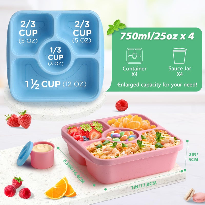 QQKO Bento Snack Box Containers for Adults Kids, 4 Pack Lunchable Meal Prep Containers Reusable, Stackable Bento Lunch Box, Food Storage Prep Containers with Lids and 4 Sauce Cups, Pastel Color, Clear Lid - Image 2