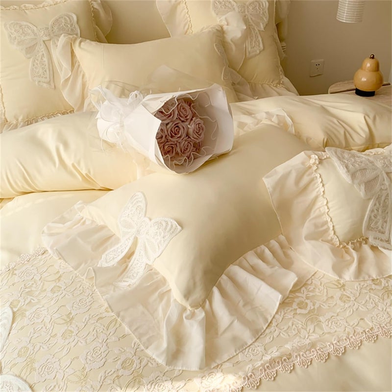 MOOWOO Chic Ruffle Lace Full Duvet Cover Set-Bow Duvet Cover with Butterfly Tie-3 Piece Comforter Duvet Cover with Zipper Closure,Coquette Room Decor-Yellow,Full Size - Image 4