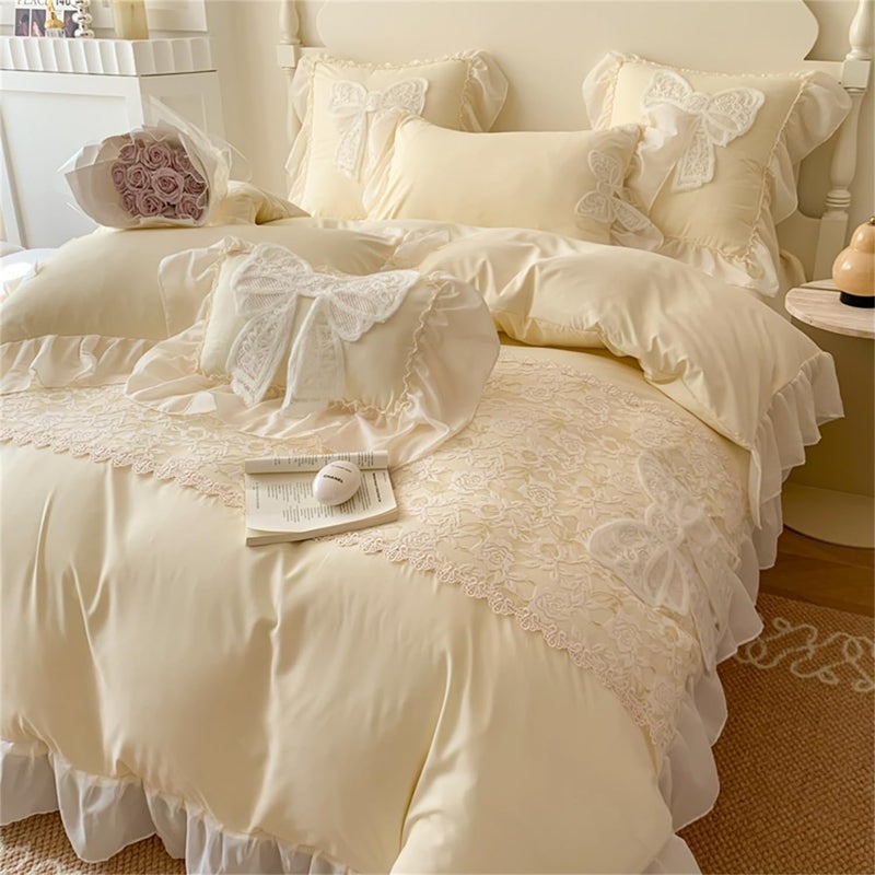 MOOWOO Chic Ruffle Lace Full Duvet Cover Set-Bow Duvet Cover with Butterfly Tie-3 Piece Comforter Duvet Cover with Zipper Closure,Coquette Room Decor-Yellow,Full Size - Image 3