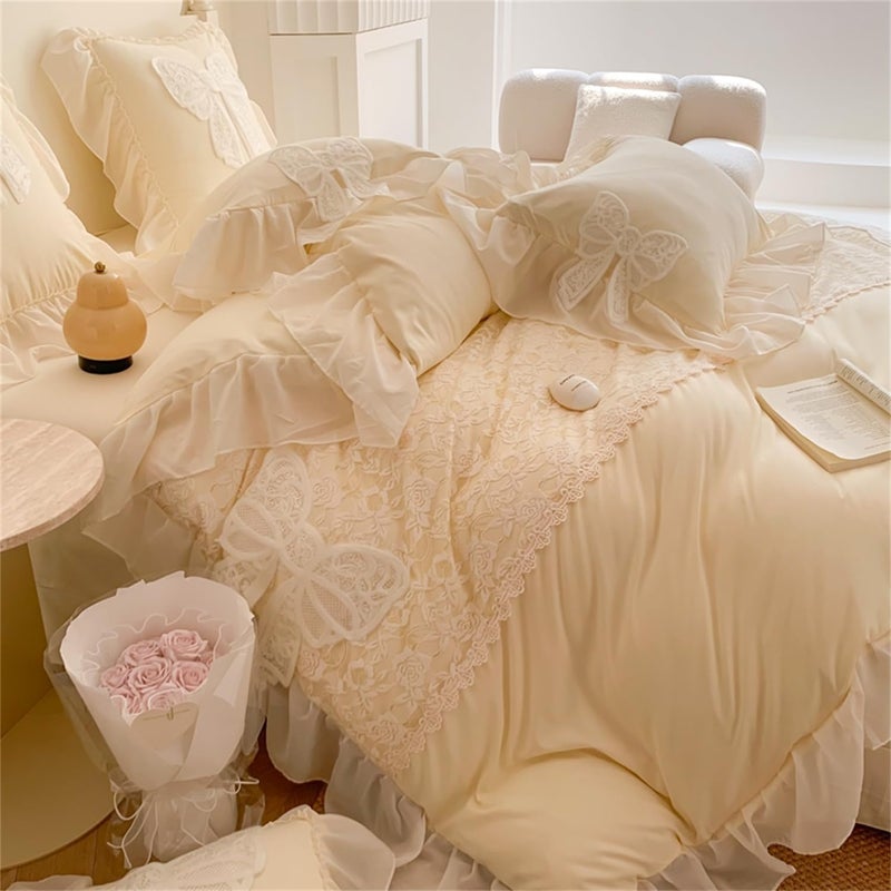 MOOWOO Chic Ruffle Lace Full Duvet Cover Set-Bow Duvet Cover with Butterfly Tie-3 Piece Comforter Duvet Cover with Zipper Closure,Coquette Room Decor-Yellow,Full Size - Image 5