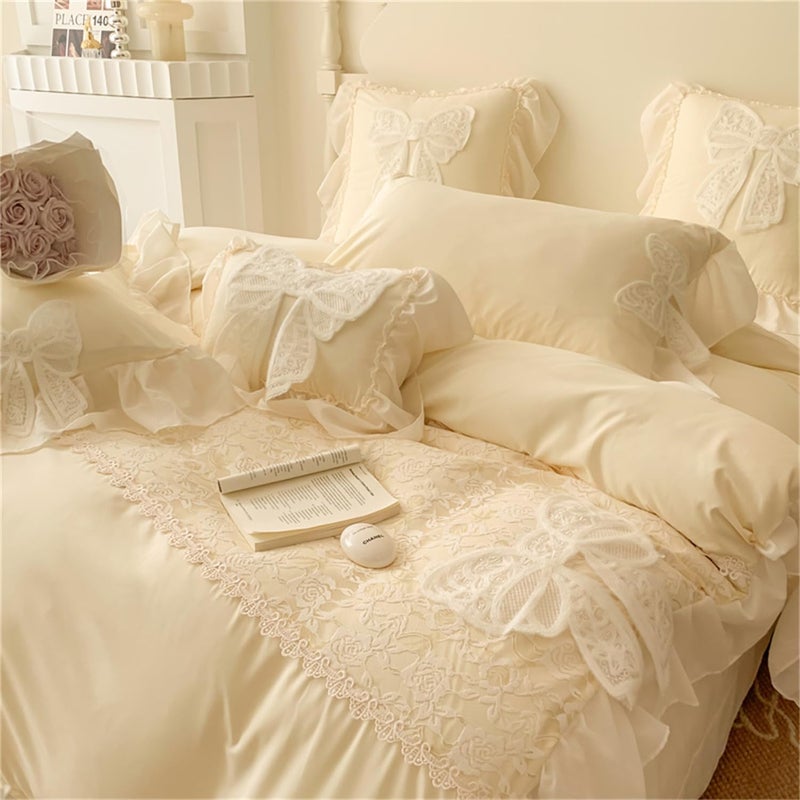 MOOWOO Chic Ruffle Lace Full Duvet Cover Set-Bow Duvet Cover with Butterfly Tie-3 Piece Comforter Duvet Cover with Zipper Closure,Coquette Room Decor-Yellow,Full Size - Image 1