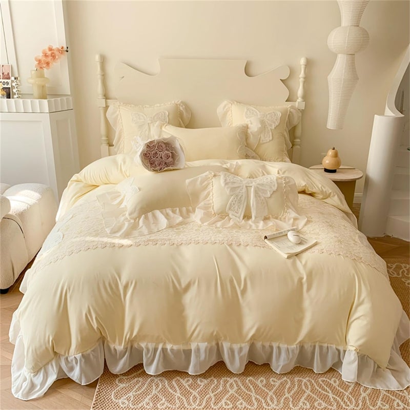 MOOWOO Chic Ruffle Lace Full Duvet Cover Set-Bow Duvet Cover with Butterfly Tie-3 Piece Comforter Duvet Cover with Zipper Closure,Coquette Room Decor-Yellow,Full Size - Image 2