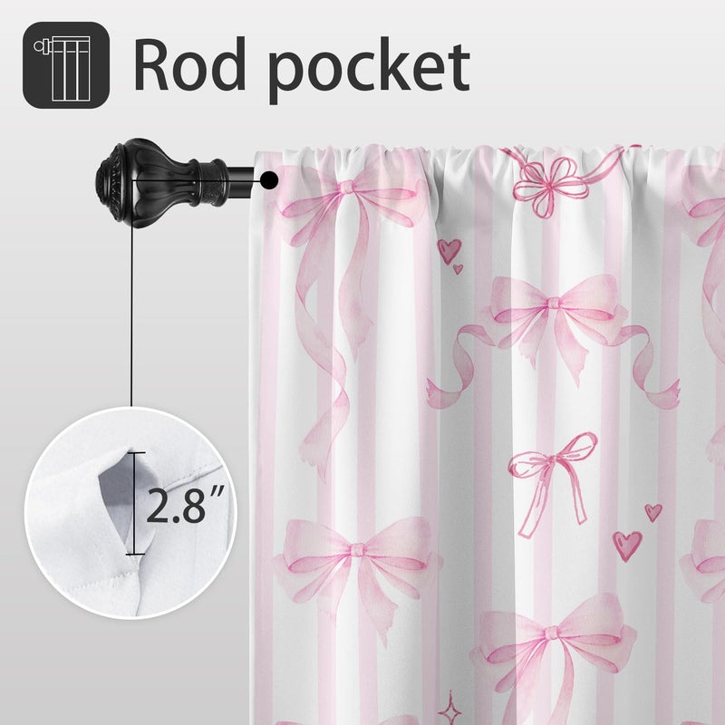 Coxila Pink Bow Kitchen Window Curtains 27.5 x 39 Inch Small Short Mini Cafe Rod Pocket Cute Kids Girls White Kawaii Pastel Fun Living Bedroom Room Home Treatment Set of 2 Curtain Panels Drapes Tiers - Image 3
