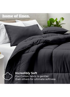 Home of linens Cotton - Plain - 3 Pieces Heavy Comforter Set - 3.6Kgs - Down Alternative Filling - (For Matress 160cm/180cm) - Size (230cm x 240cm) + 2 Pillow Case Covers (50cm x 70cm) - Dark Grey  - Image 2