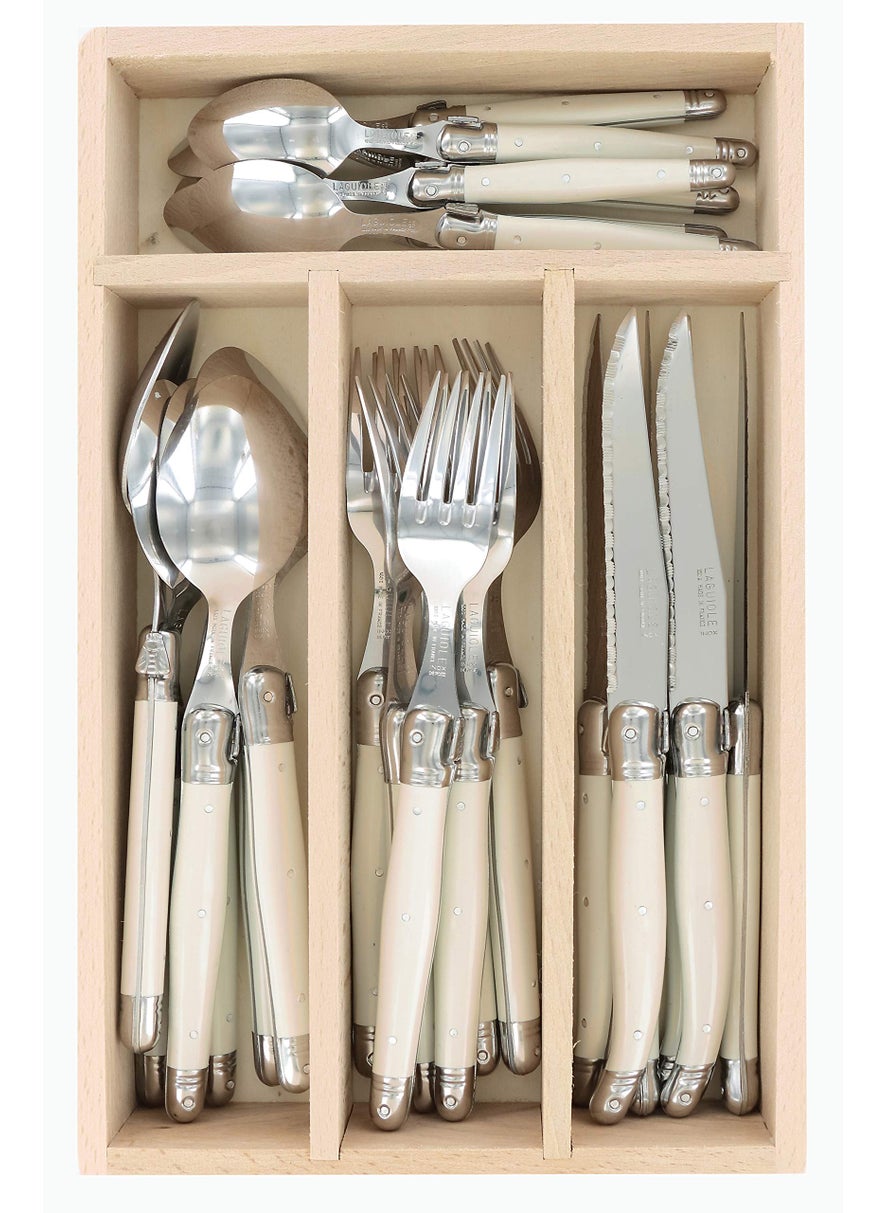 Andre Verdier Andre Verdier Laguiole Debutant 24 Piece Flatware Set Steak Knives Forks Soup Spoons Teaspoons Ivory Color Made In France 