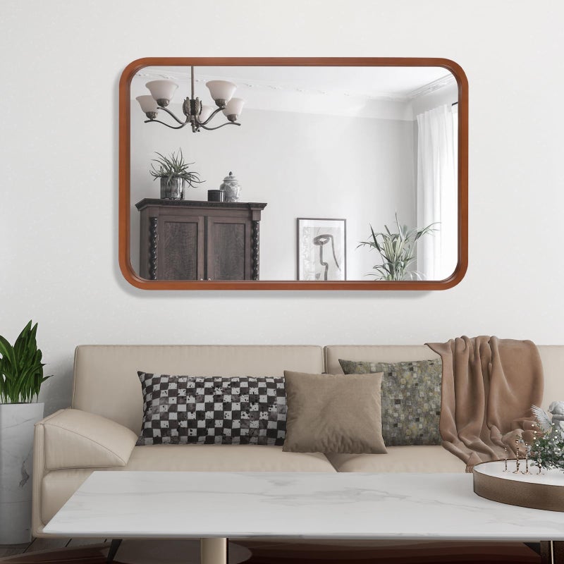 WallBeyond 24x36 Inch Wood Mirror for Bathroom, Wooden Frame Wall Mirror Farmhouse Wall Mounted Rectangle Mirror for Vanity (Horizontal/Vertical Walnut Color) - Image 4
