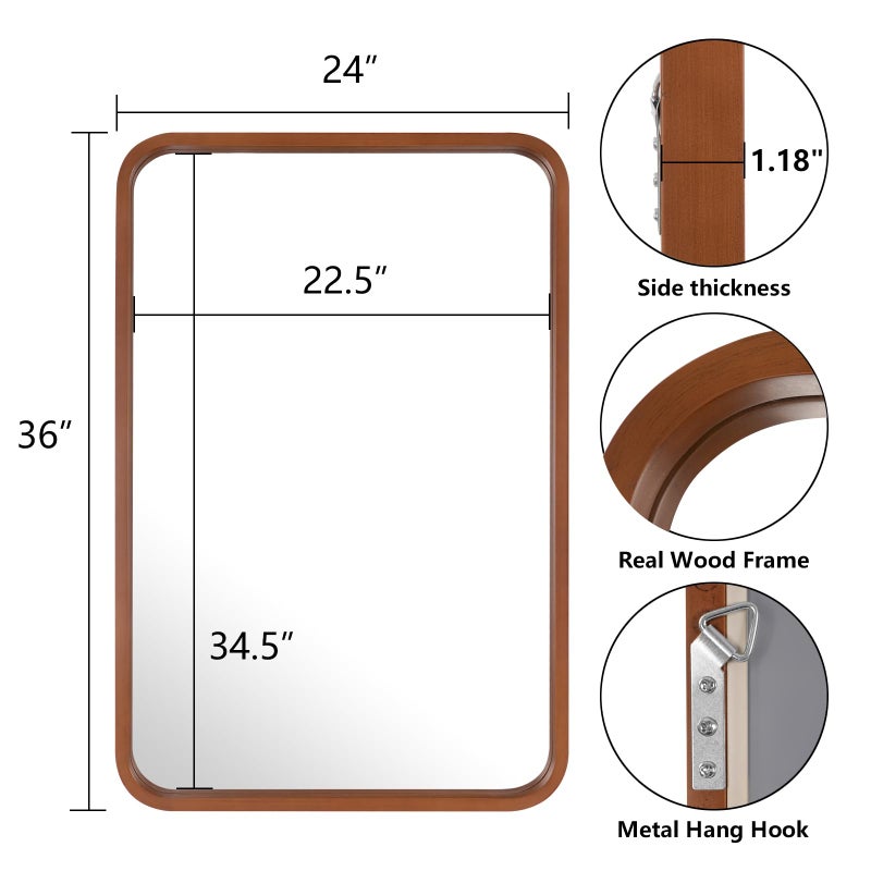 WallBeyond 24x36 Inch Wood Mirror for Bathroom, Wooden Frame Wall Mirror Farmhouse Wall Mounted Rectangle Mirror for Vanity (Horizontal/Vertical Walnut Color) - Image 5