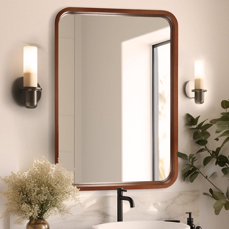 WallBeyond 24x36 Inch Wood Mirror for Bathroom, Wooden Frame Wall Mirror Farmhouse Wall Mounted Rectangle Mirror for Vanity (Horizontal/Vertical Walnut Color) - Image 1