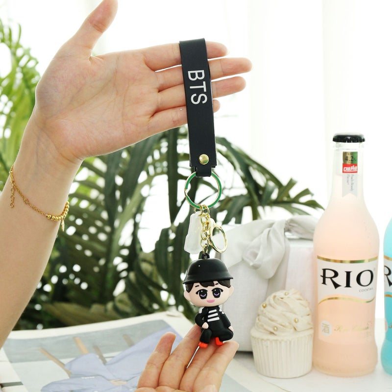 PVC soft rubber bulletproof youth group keychain Korean BTS car pendant couple bag cute Q version decoration Black Hat