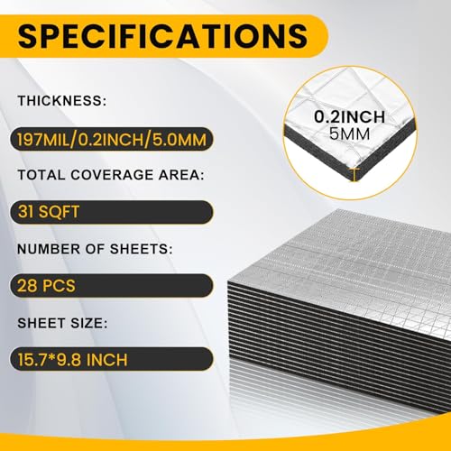 VOISEN VOISNE Sound Deading Material for Cars,197 mil(5mm) 31 sqft Sound Deadening,Aluminum Foil Foam Automotive Soundproofing Material,Noise Insulation and Vibration Dampening Material 28 Pcs - Image 2