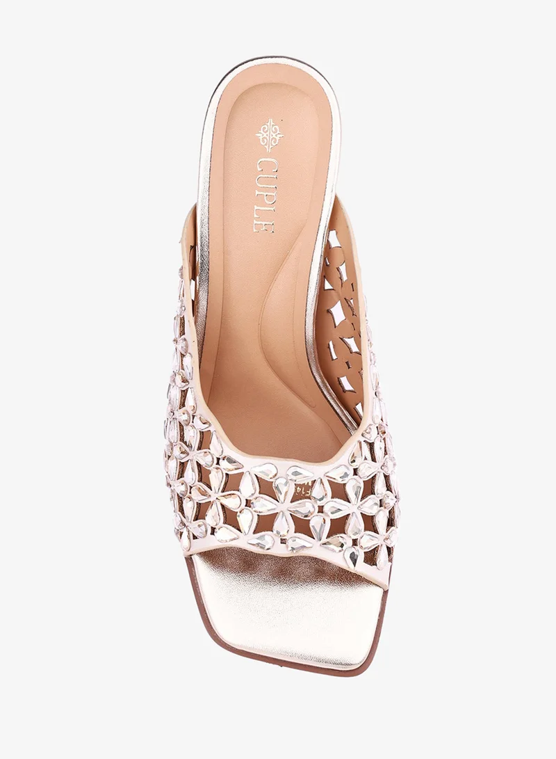 Cuple Gold Womens cut-out floral heeled sandals for Women | Best Price UAE