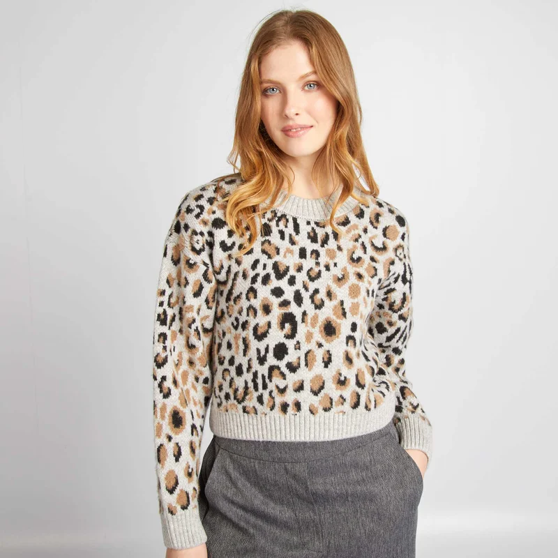 Kiabi Leopard Jacquard Sweater Grey