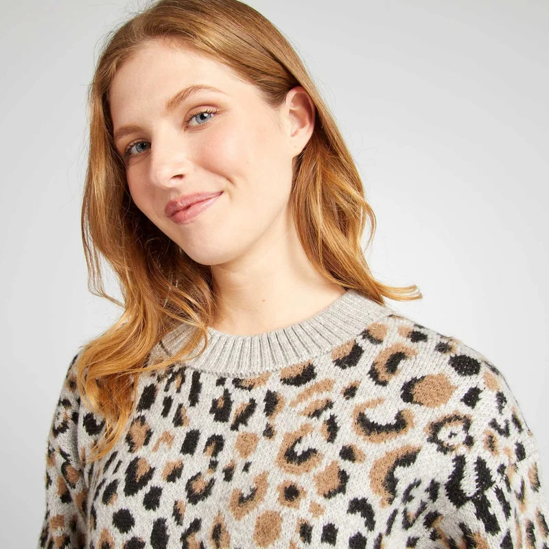 Kiabi Leopard Jacquard Sweater Grey