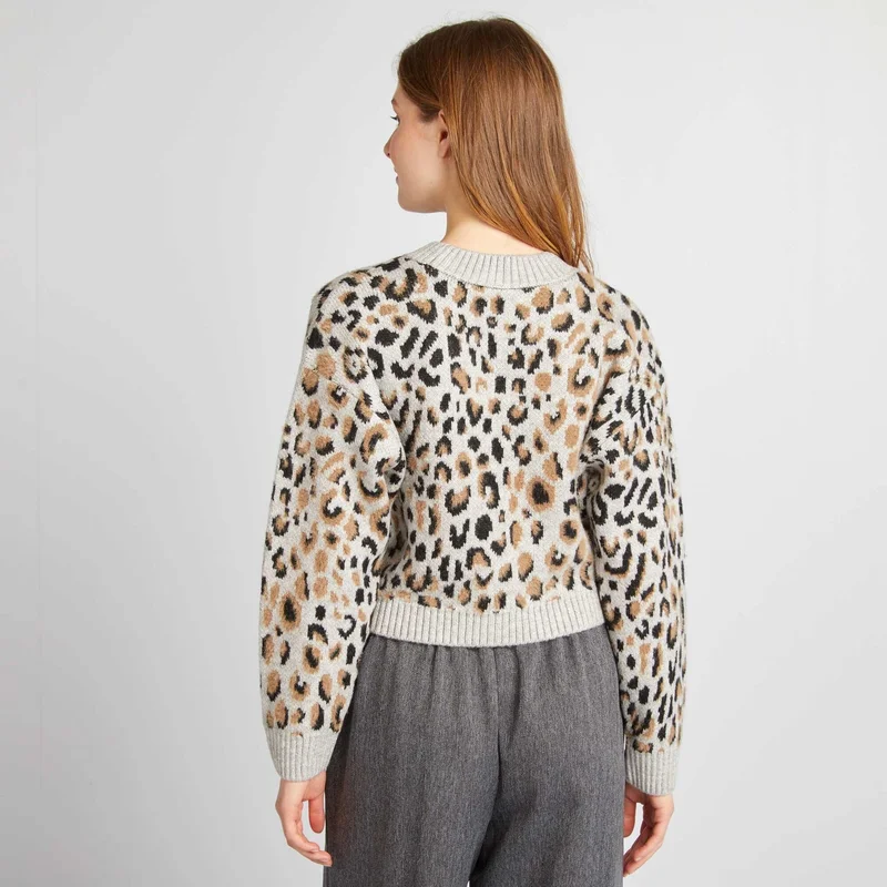 Kiabi Leopard Jacquard Sweater Grey