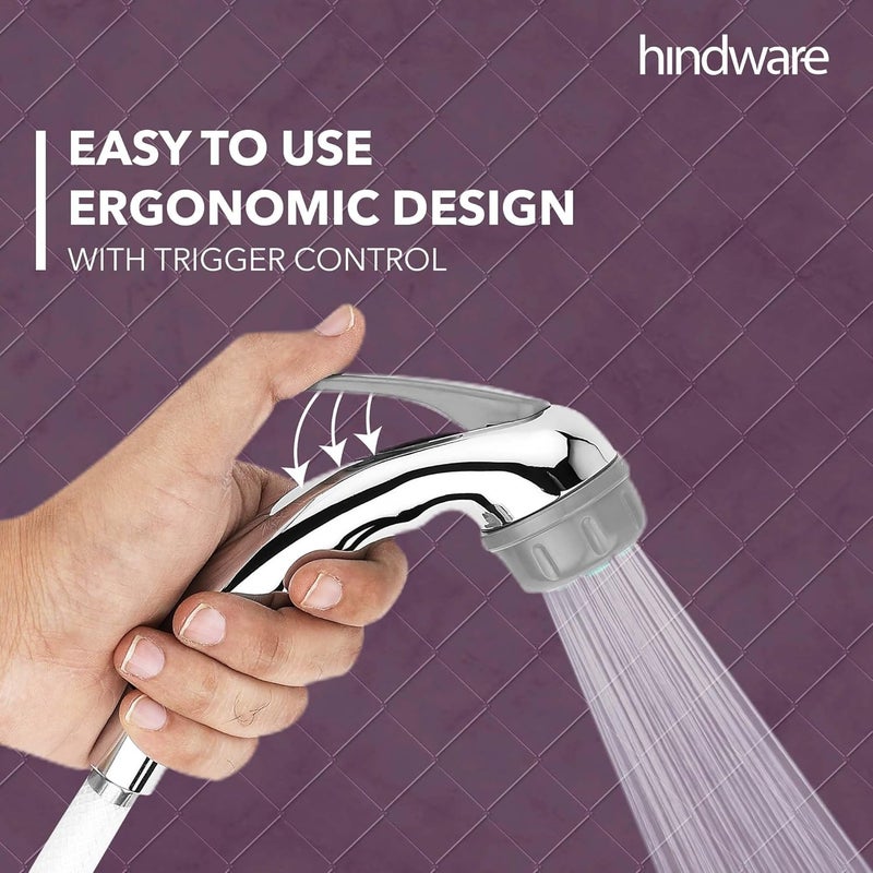 hindware حنفية هندوير F160027 ABS مع نظام تنظيف روبت، أنبوب مرن و خطاف حائط، كروم، تشطيب مطلي - Image 2