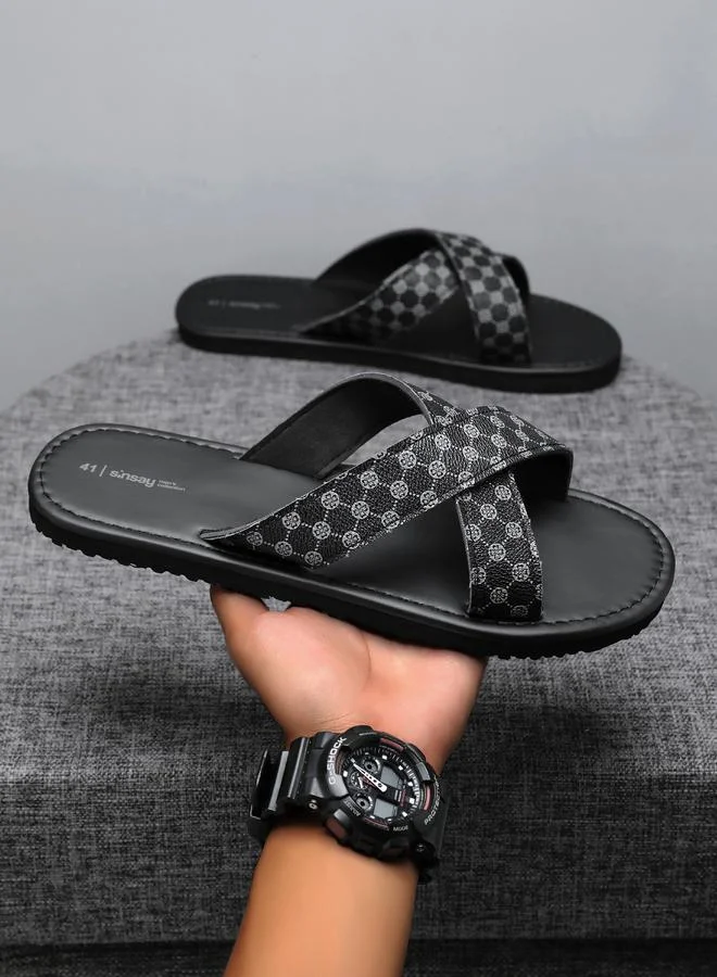 Take Two Men Black Patterned Cross-Strap Flip-Flops