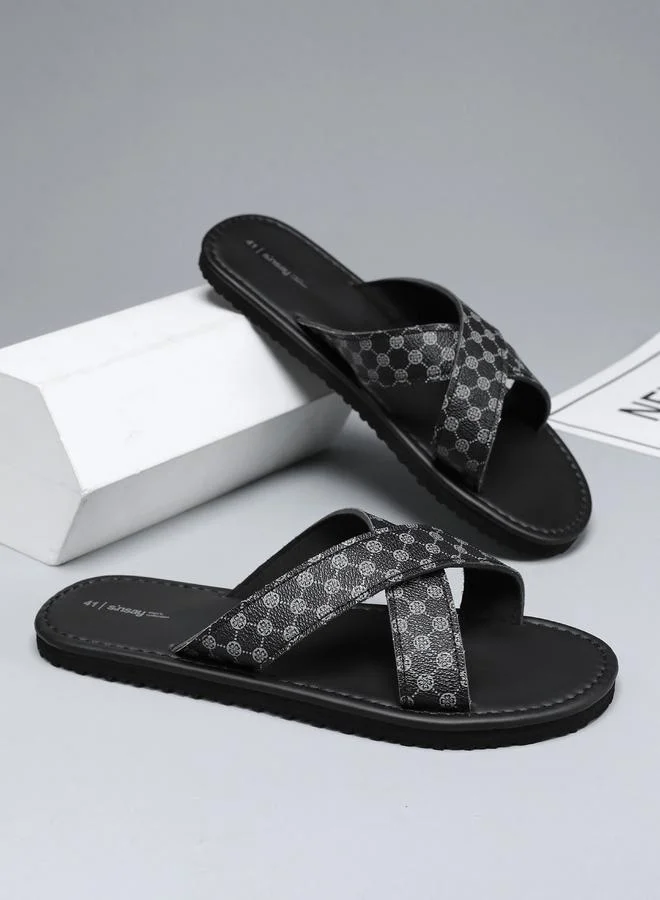 Take Two Men Black Patterned Cross-Strap Flip-Flops
