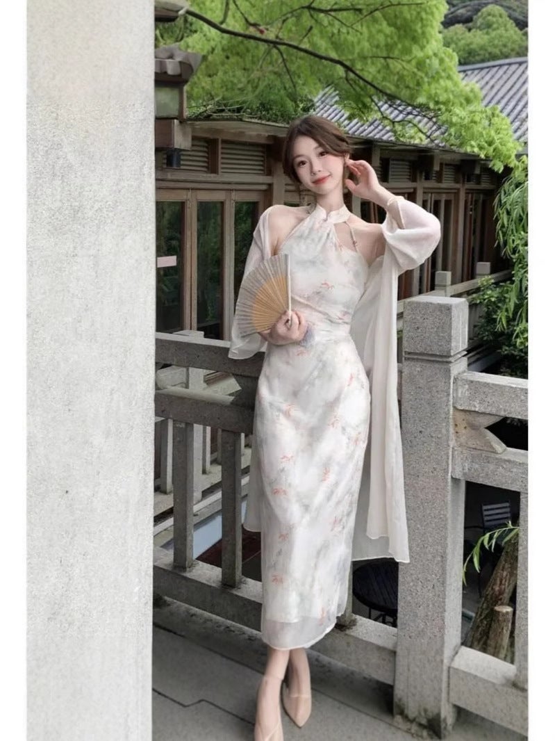 Early Spring Chinese Style Improved Cheongsam Daily New Chinese Style Morning Robe Halter Dress Women'S Suit Petite - Image 2