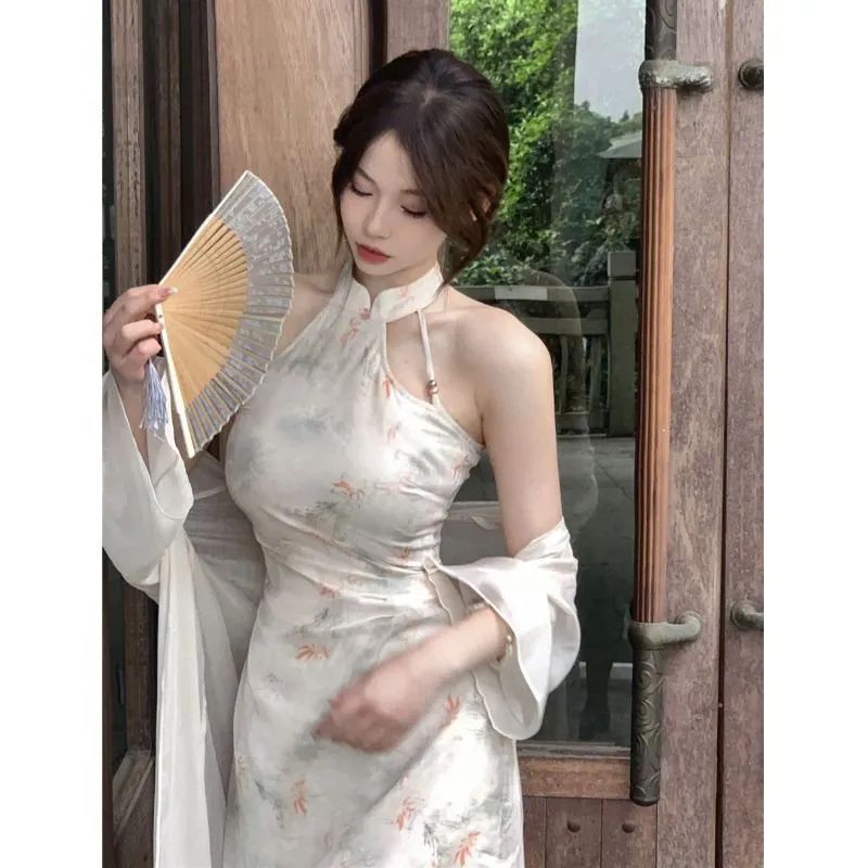 Early Spring Chinese Style Improved Cheongsam Daily New Chinese Style Morning Robe Halter Dress Women'S Suit Petite - Image 1