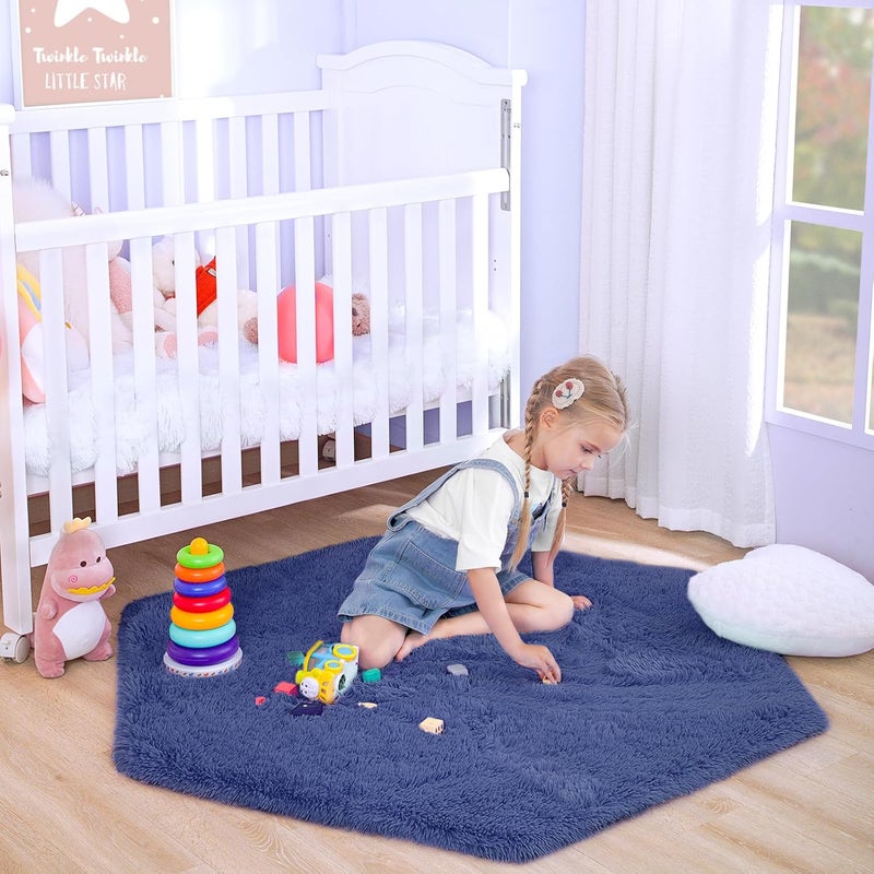 junovo Ultra Soft Rug for Nursery Children Room Baby Room Home Decor Dormitory Hexagon Carpet for Playhouse Princess Tent Kids Play Castle, Diameter 4.6 ft, Navy Blue - Image 1