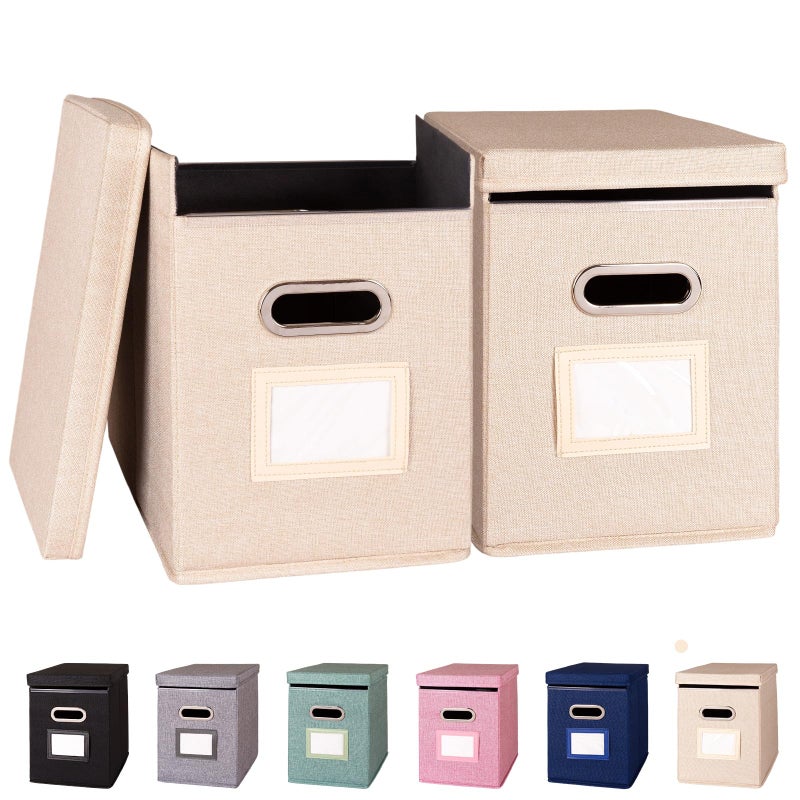 ComfortKeeper 2 Pack Hanging File Folders Organizer with Lid Letter Size Fabric File Storage Box Collapsible Portable Office Document Holder with Metal Handle Smooth PVC Rails Beige - Image 2