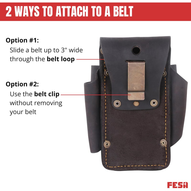 FESA Leather Tape Measure Holder - 4-in-1 Heavy Top Grain Leather Small Tool Pouch with Heavy Duty Rivets & Stitching - 2 Ways to Attach - Fits Any Belt - Handcrafted (Brown - with Tape Pocket) - Image 4
