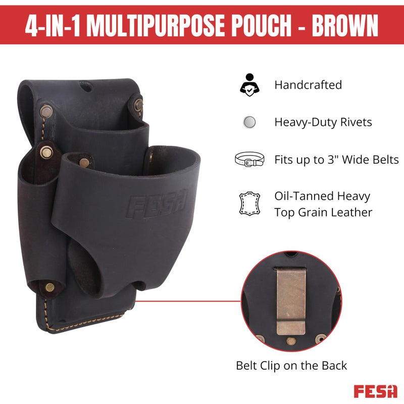 FESA Leather Tape Measure Holder - 4-in-1 Heavy Top Grain Leather Small Tool Pouch with Heavy Duty Rivets & Stitching - 2 Ways to Attach - Fits Any Belt - Handcrafted (Brown - with Tape Pocket) - Image 2