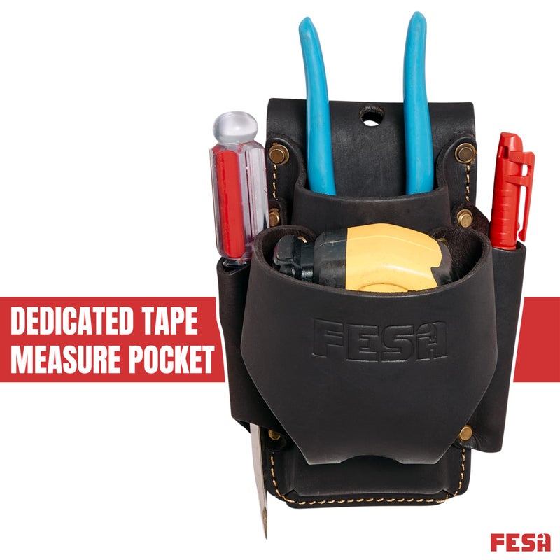FESA Leather Tape Measure Holder - 4-in-1 Heavy Top Grain Leather Small Tool Pouch with Heavy Duty Rivets & Stitching - 2 Ways to Attach - Fits Any Belt - Handcrafted (Brown - with Tape Pocket) - Image 3